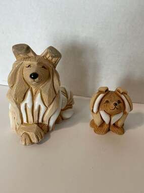 Artesania Rinconada Clay Collie Dog Mother and Puppy Figurines Set